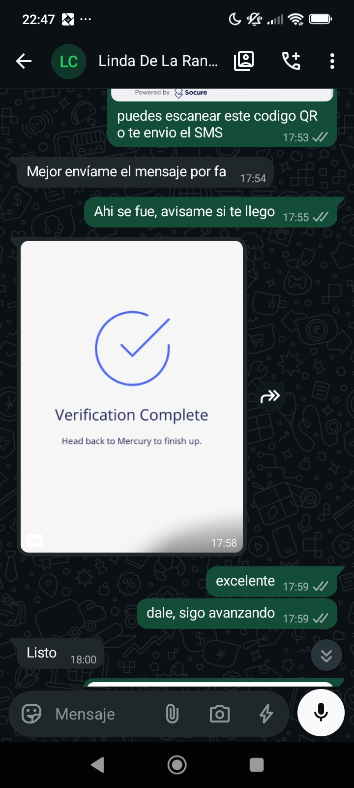 Captura autorizada de una conversación de WhatsApp con una clienta de Shall Pass